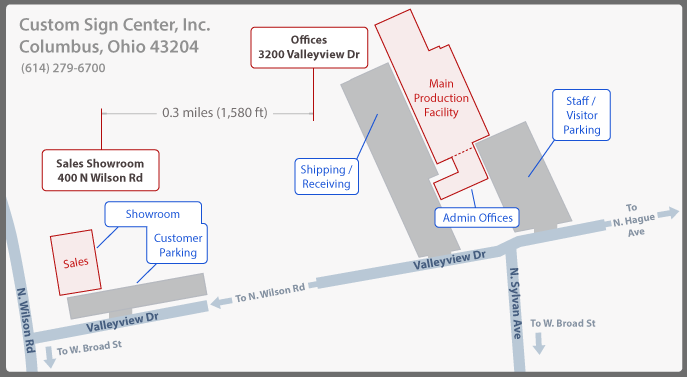 Map of Custom Sign Center Locations for Offices 3200 Valleyview Dr and Sales Showroom 400 North Wilson Road